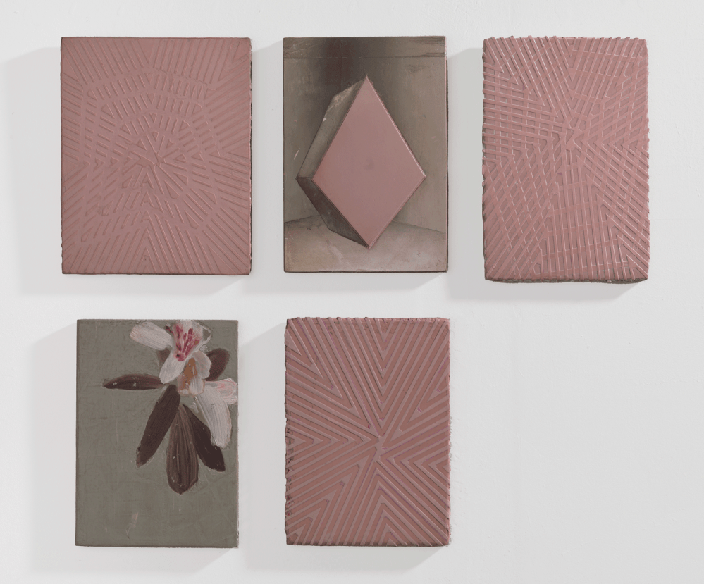 five paintings with a flower, a square and lines