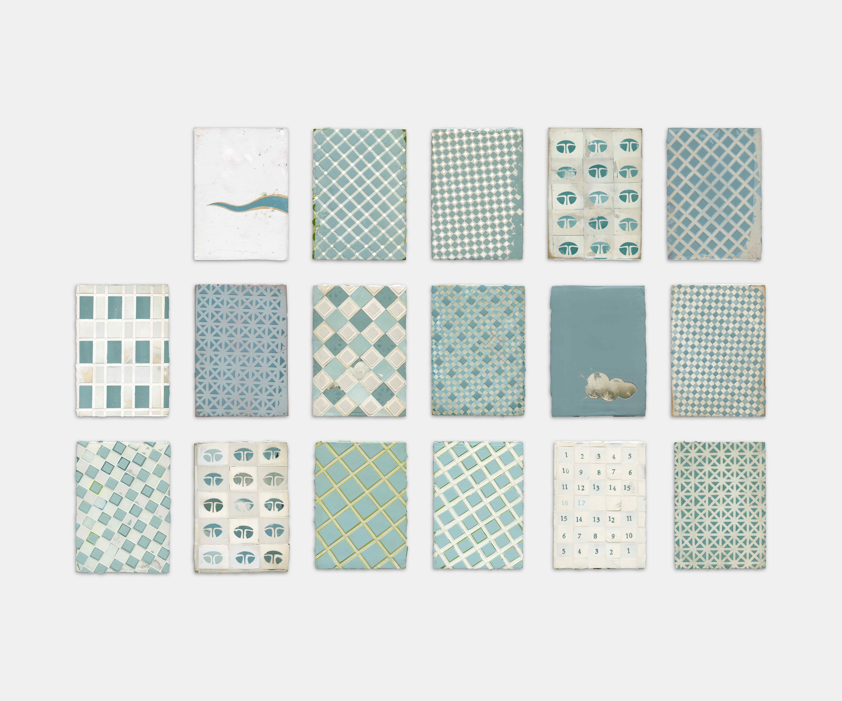 multiple blue paintings with patterns